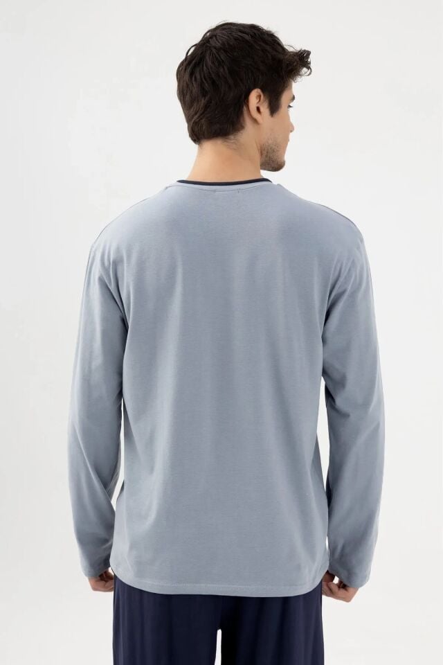 Erkek Pamuklu Double Yaka Uzun Kollu Cep Detaylı Pijama Takımı XL - Buz Mavi
