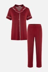 Kadın Kısa Kollu Viskon - Yumuşak Dokulu Düğmeli Biyeli Bol Paça Pijama Takımı Siyah - M