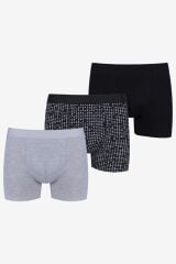 Erkek 3'lü Pamuklu Likralı Boxer KO9003BX-18 Gri Melanj-Etnik-Siyah - XL