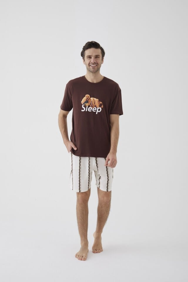 Erkek Kısa Kollu Pamuklu Ayıcık Desenli Şortlu Pijama Takımı 2XL - Ekru - Kahverengi