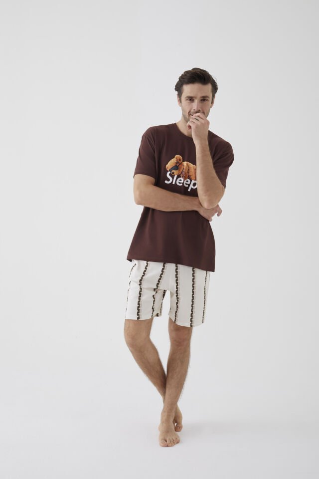 Erkek Kısa Kollu Pamuklu Ayıcık Desenli Şortlu Pijama Takımı 2XL - Ekru - Kahverengi