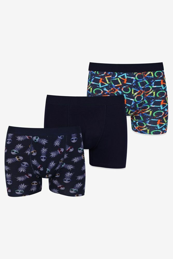 Erkek 3'lü Pamuklu Likralı Boxer KO9003BX-19 Ananas-Lacivert-Geometrik - M - KO9003BX-19 Ananas-Lacivert-Geometrik - M