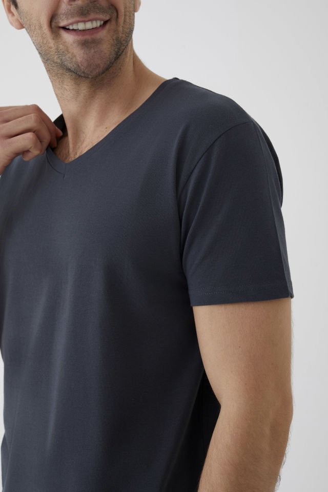 Erkek Pamuklu V Yaka Kısa Kollu Tişört 2 Adet 2XL - Füme - Beyaz