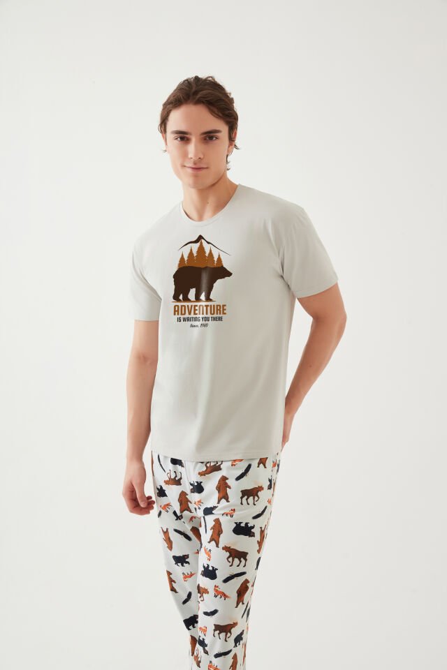 Erkek Kısa Kollu Pamuklu Ayıcık Desenli Pijama Takımı XL - Ekru - Kahverengi