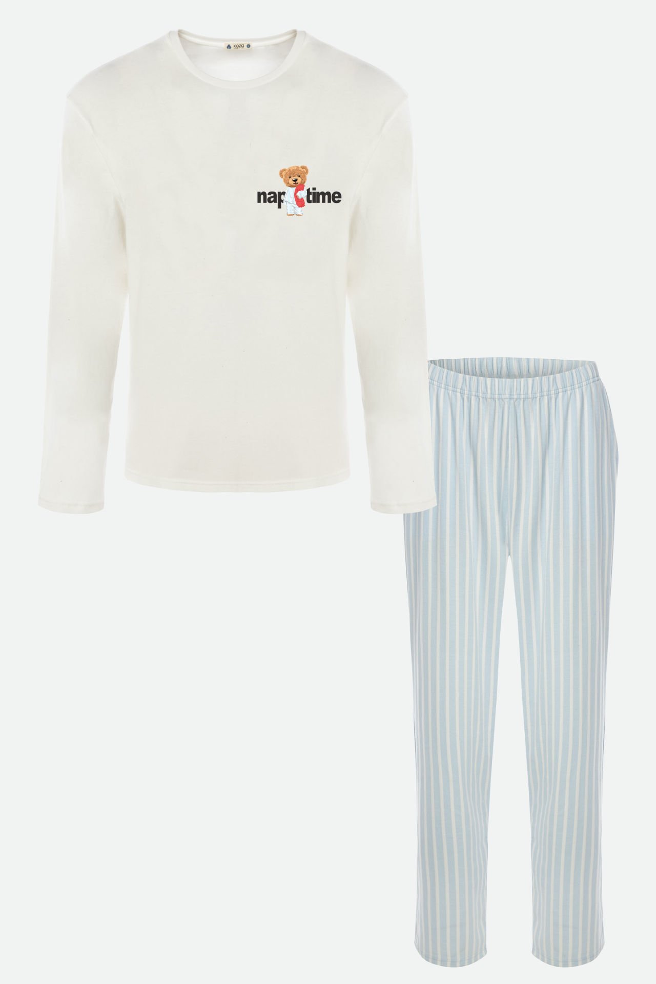 Erkek Pamuklu Uzun Kollu Üst Baskılı Alt Çizgili Cep Detaylı Pijama Takımı M - Beyaz - Mavi