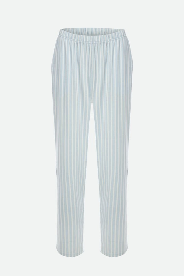 Erkek Pamuklu Uzun Kollu Üst Baskılı Alt Çizgili Cep Detaylı Pijama Takımı M - Beyaz - Mavi