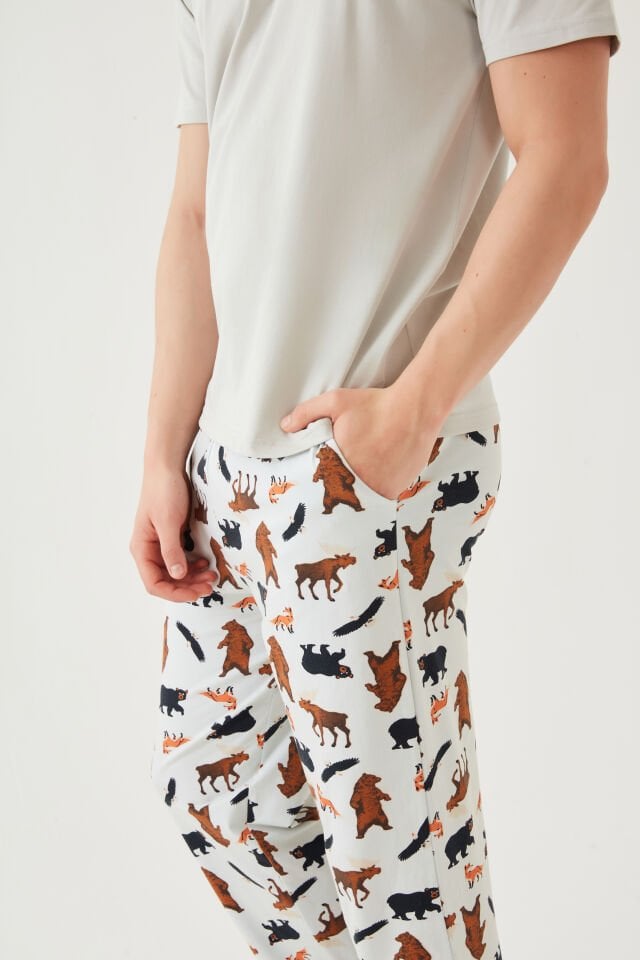 Erkek Kısa Kollu Pamuklu Ayıcık Desenli Pijama Takımı 2XL - Ekru - Kahverengi