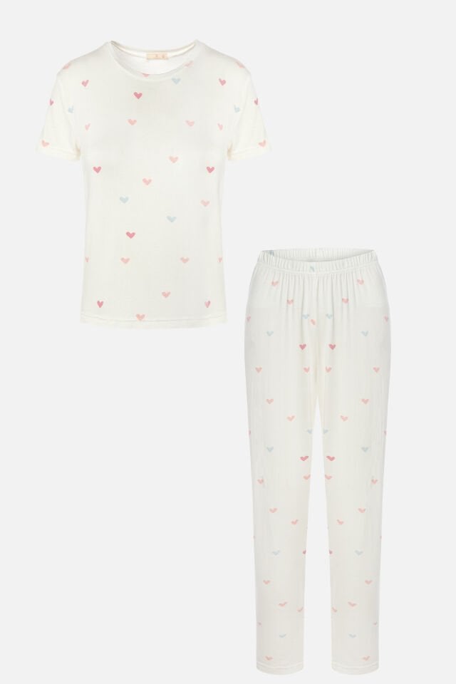 Kadın Kalp Desenli Kısa Kollu Pijama Takımı S - Ekru -  Pembe