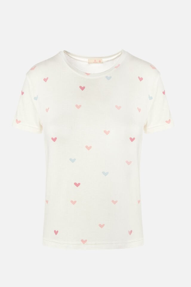Kadın Kalp Desenli Kısa Kollu Pijama Takımı S - Ekru -  Pembe