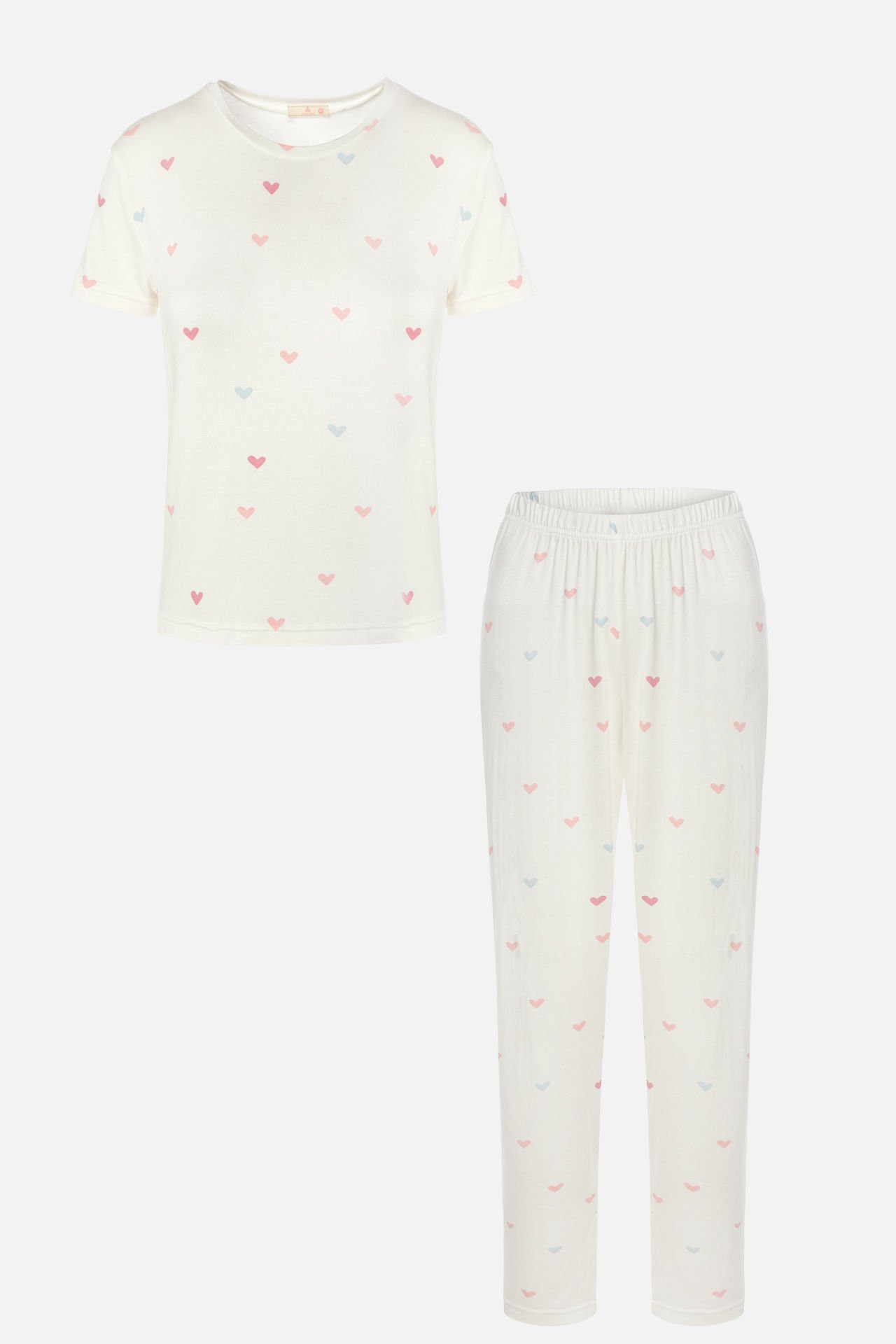 Kadın Kalp Desenli Kısa Kollu Pijama Takımı L - Ekru -  Pembe