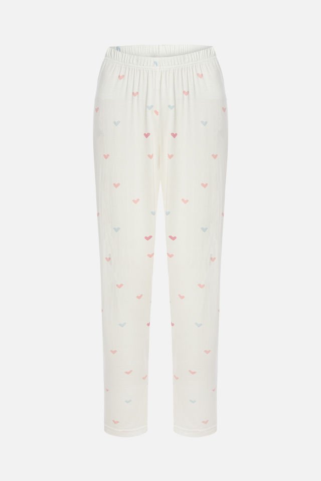 Kadın Kalp Desenli Kısa Kollu Pijama Takımı L - Ekru -  Pembe