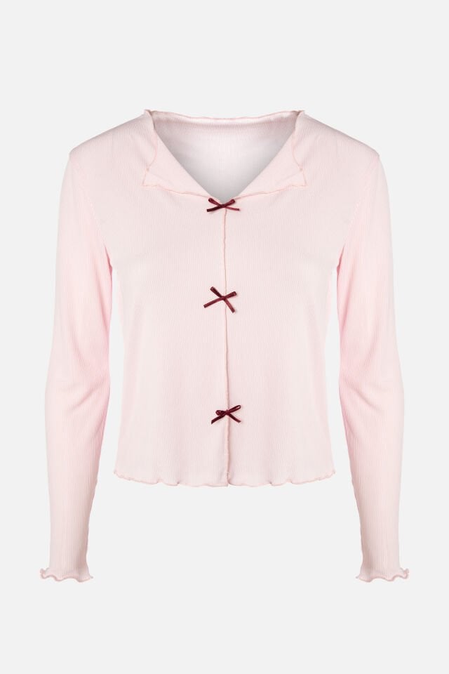 Kadın Kaşkorse Pembe Baby Overloklu Fiyonk Detaylı Uzun Kollu Pijama Takımı S - Pudra