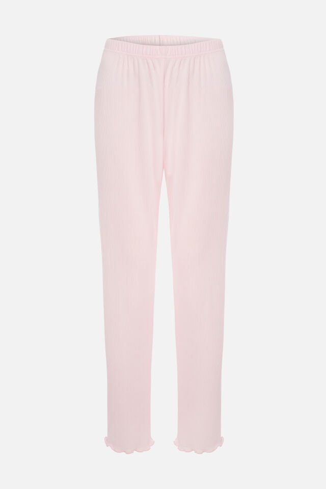 Kadın Kaşkorse Pembe Baby Overloklu Fiyonk Detaylı Uzun Kollu Pijama Takımı S - Pudra