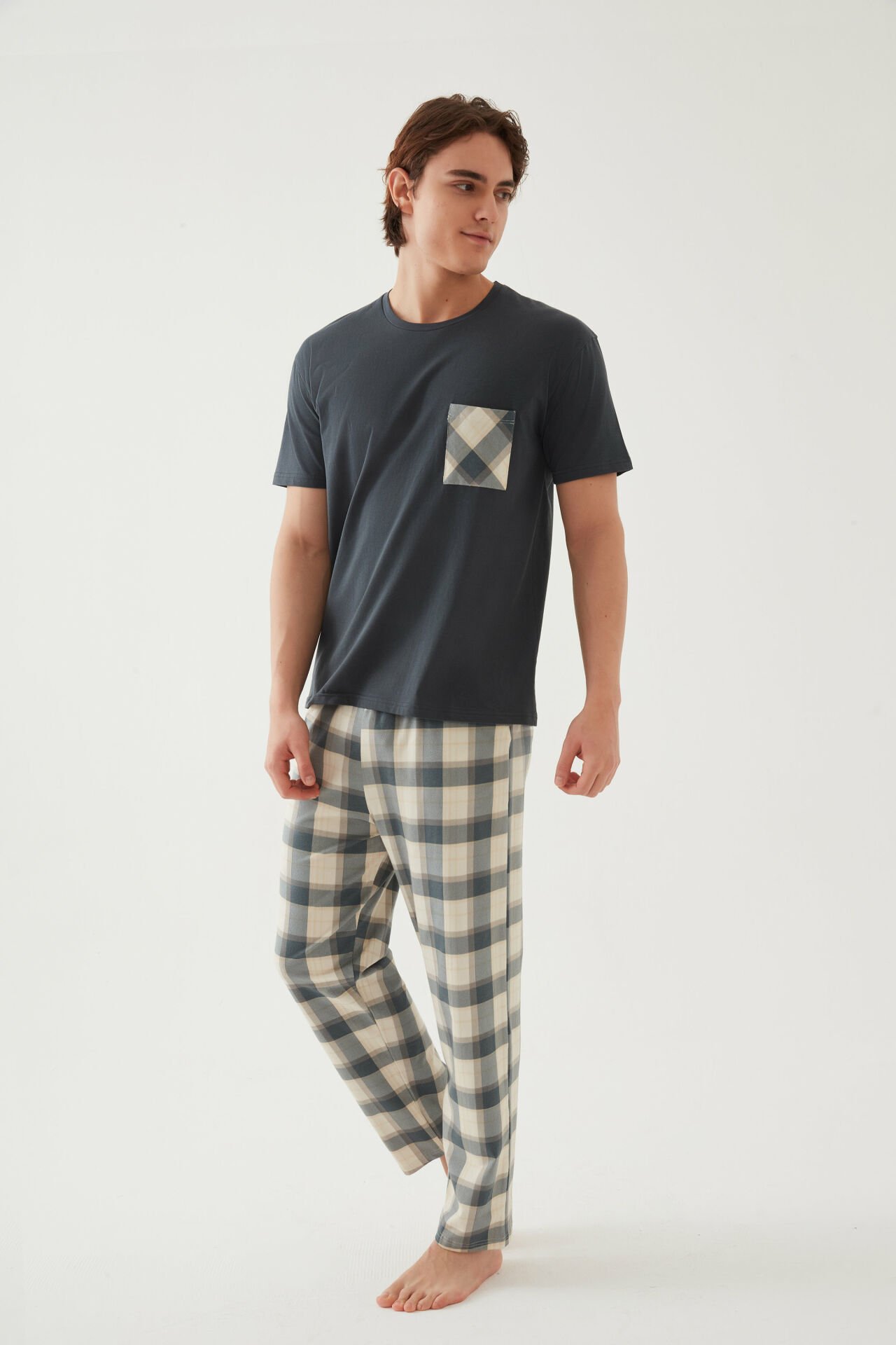 Erkek Pamuklu Üst Füme Göğüs Cepli Kısa Kollu Pijama Takımı M - Yeşil - Füme