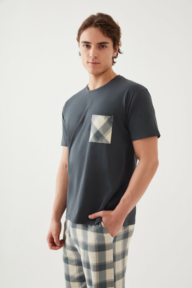 Erkek Pamuklu Üst Füme Göğüs Cepli Kısa Kollu Pijama Takımı M - Yeşil - Füme