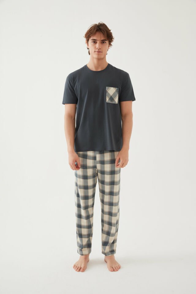 Erkek Pamuklu Üst Füme Göğüs Cepli Kısa Kollu Pijama Takımı M - Yeşil - Füme