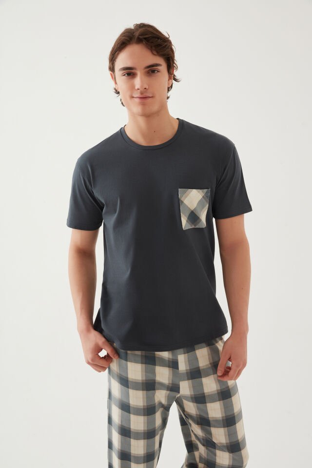 Erkek Pamuklu Üst Füme Göğüs Cepli Kısa Kollu Pijama Takımı M - Yeşil - Füme