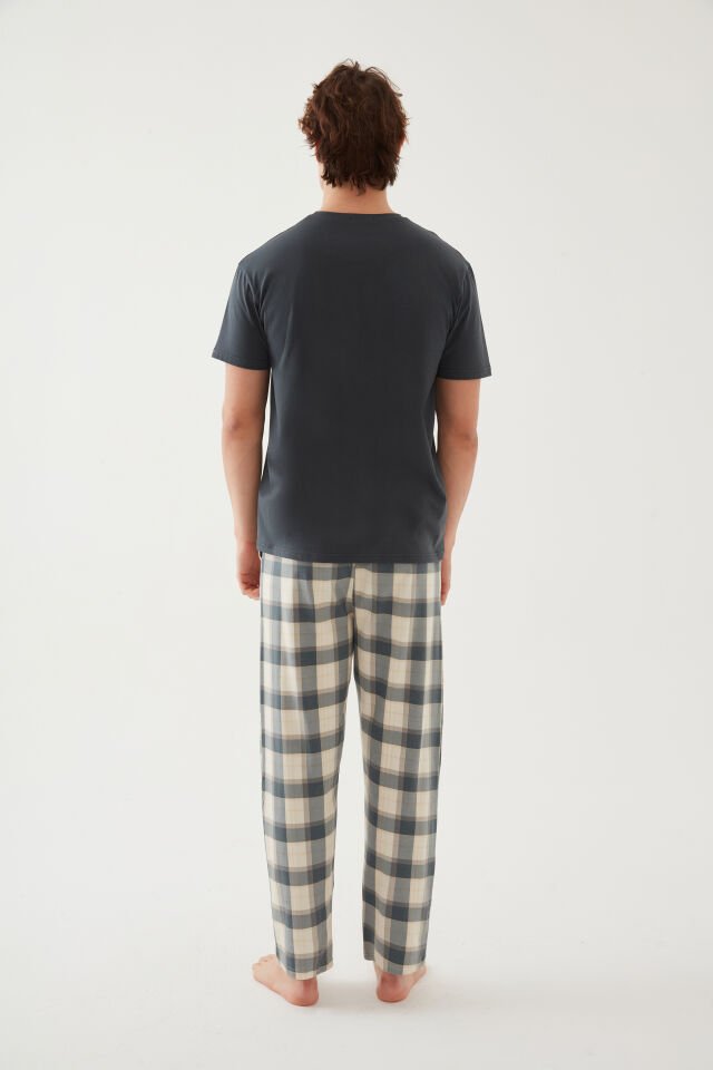 Erkek Pamuklu Üst Füme Göğüs Cepli Kısa Kollu Pijama Takımı M - Yeşil - Füme