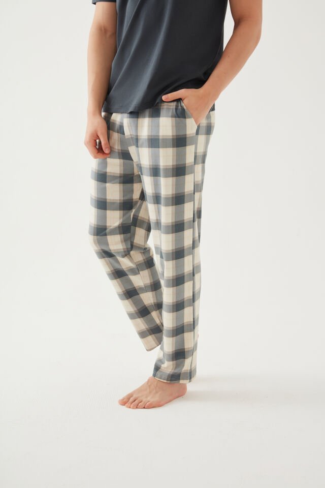 Erkek Pamuklu Üst Füme Göğüs Cepli Kısa Kollu Pijama Takımı M - Yeşil - Füme