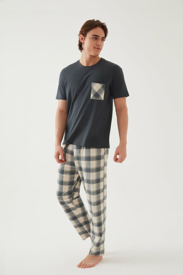 Erkek Pamuklu Üst Füme Göğüs Cepli Kısa Kollu Pijama Takımı 2XL - Yeşil - Füme