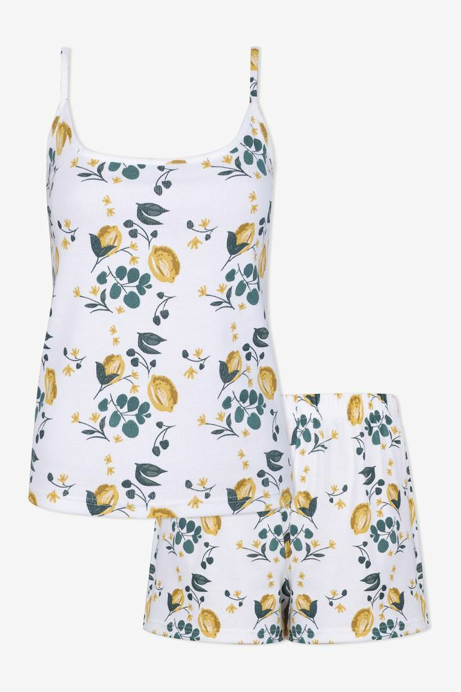 Kadın Pamuklu İp Askılı Limon Desenli Şortlu Pijama Takımı KO70113 Limon Desen - XL