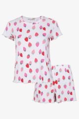 Kadın Pamuklu Kısa Kollu Baby Overloklu Çilek Desenli Şortlu Pijama Takımı KO70110 Çilek Desen - M - KO70110 Çilek Desen - M