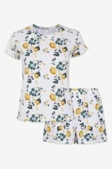Kadın Pamuklu Baby Overloklu Limon Desenli Şortlu Pijama Takımı KO70112 Limon Desen - S