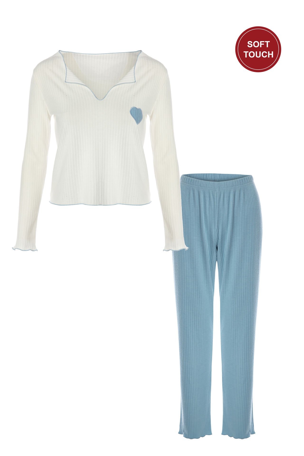 Kadın Soft Touch Fitilli Uzun Kollu Pijama Takımı Ekru  -  Mavi - XL