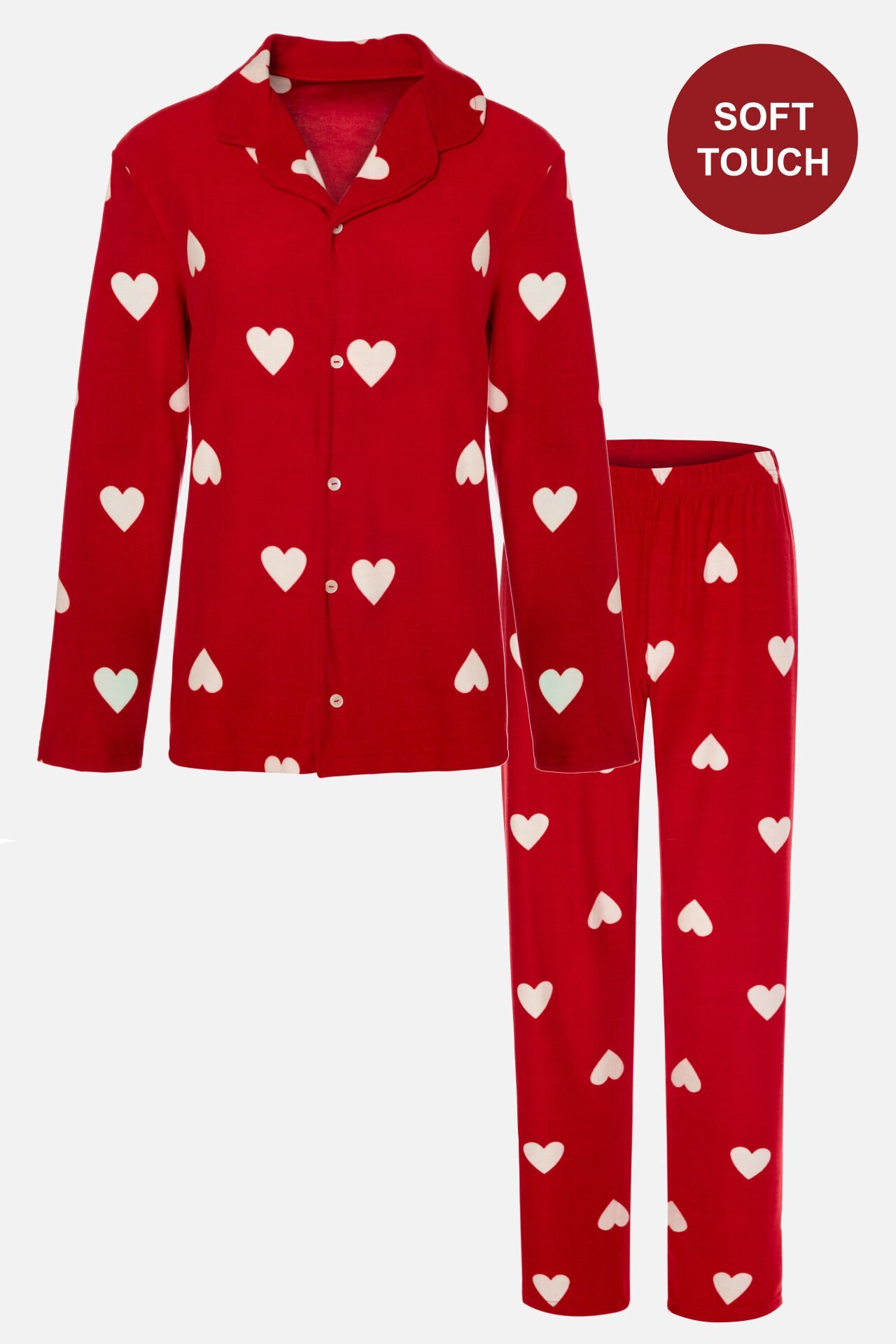 Kadın Soft Touch Kırmızı Kalp Desenli Gömlek Yaka Uzun Kollu Pijama Takımı XL - Kırmızı - Beyaz