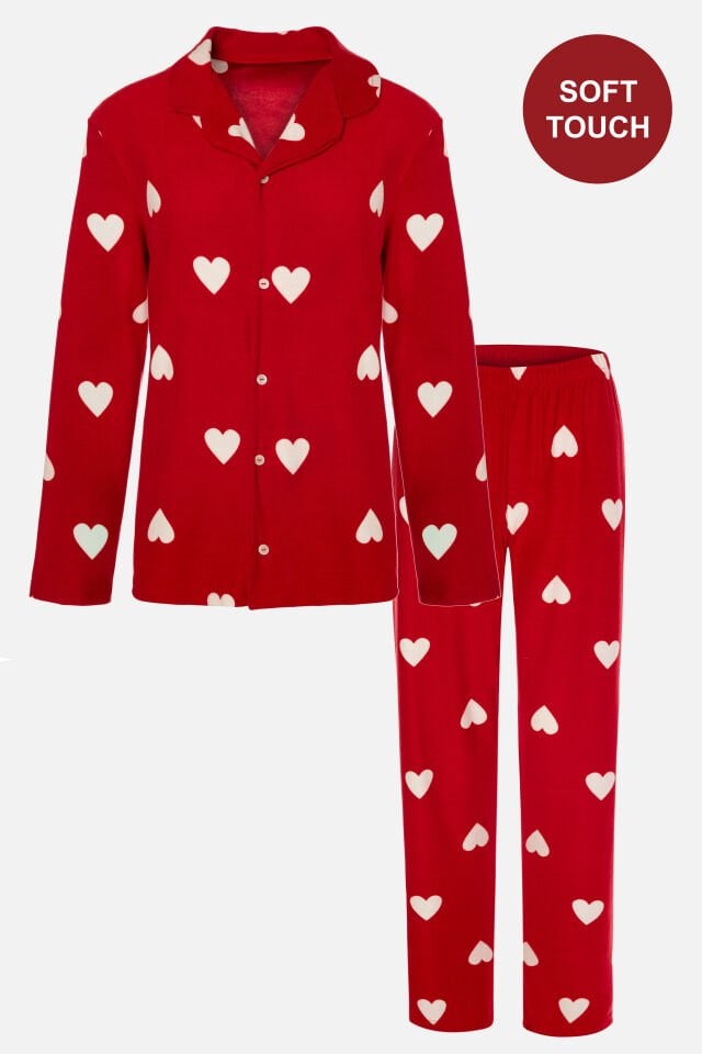 Kadın Soft Touch Kırmızı Kalp Desenli Gömlek Yaka Uzun Kollu Pijama Takımı XL - Kırmızı - Beyaz