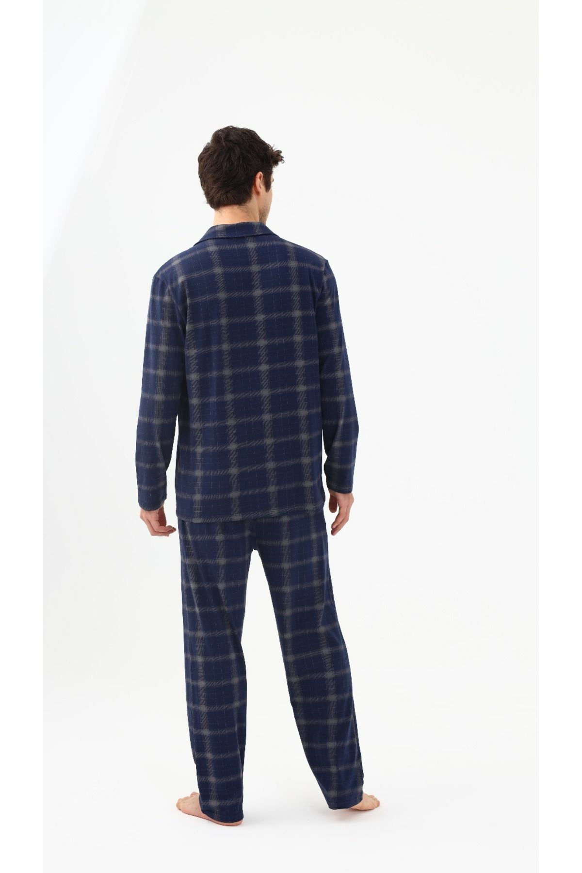 Erkek Pamuklu Mavi Ekose Desenli Uzun Kollu Cep Detaylı Gömlek Yaka Pijama Takımı Mavi Ekose - 2XL