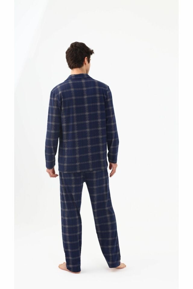 Erkek Pamuklu Mavi Ekose Desenli Uzun Kollu Cep Detaylı Gömlek Yaka Pijama Takımı Mavi Ekose - 2XL