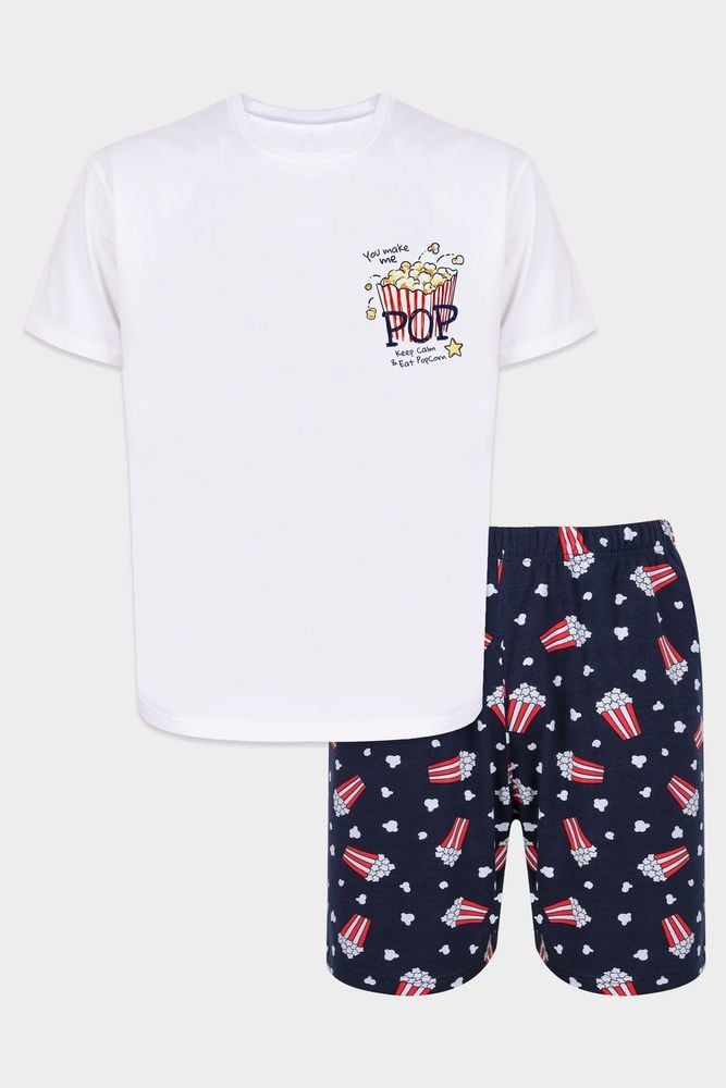 Erkek Kısa Kollu Pamuklu Popcorn Desenli Şortlu Pijama Takımı KO60100 Popcorn Desen - S - KO60100 Popcorn Desen - S