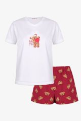 Kadın Pamuklu Ayıcık Desenli V Yaka Şortlu Pijama Takımı KO70109 Üst Ekru Alt Lacivert Ayıcık - M