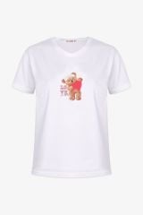 Kadın Pamuklu Ayıcık Desenli V Yaka Şortlu Pijama Takımı KO70109 Üst Ekru Alt Lacivert Ayıcık - M - KO70109 Üst Ekru Alt Lacivert Ayıcık - M