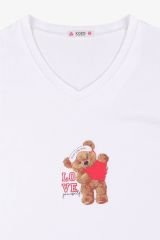 Kadın Pamuklu Ayıcık Desenli V Yaka Şortlu Pijama Takımı KO70109 Üst Ekru Alt Lacivert Ayıcık - M - KO70109 Üst Ekru Alt Lacivert Ayıcık - M