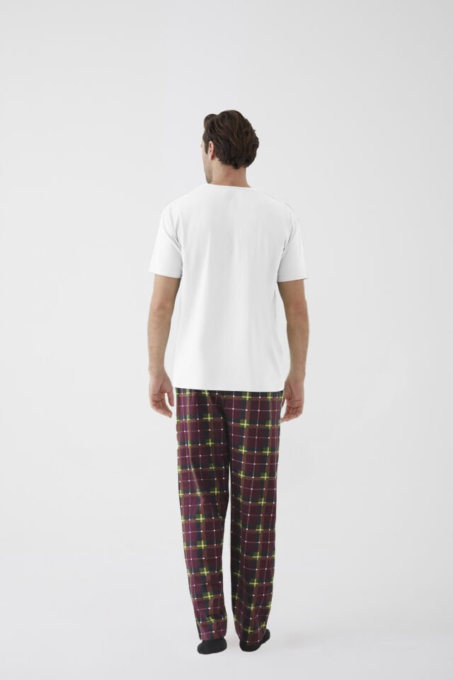Erkek Kısa Kollu Pamuklu Ekose Desenli Breakfast Baskılı Pijama Takımı L - Bordo - Ekru - Sarı