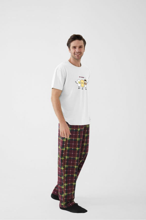 Erkek Kısa Kollu Pamuklu Ekose Desenli Breakfast Baskılı Pijama Takımı L - Bordo - Ekru - Sarı