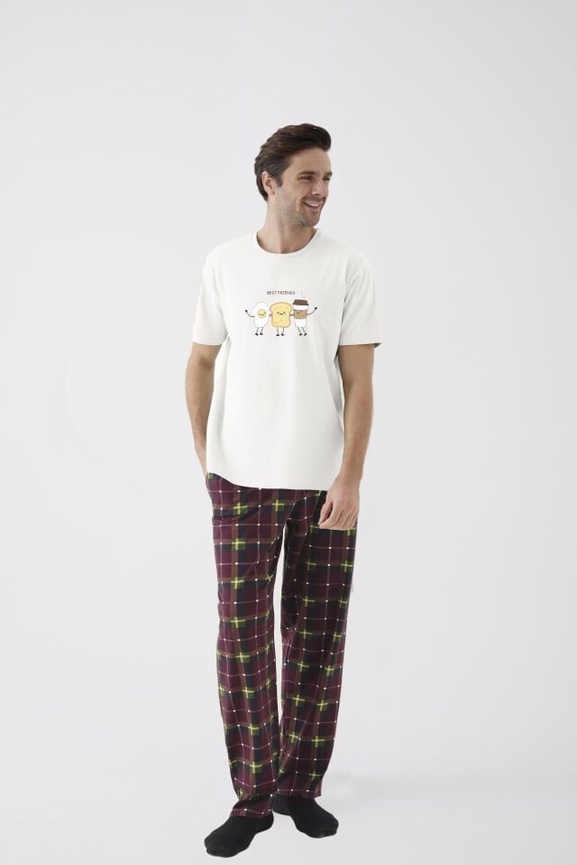 Erkek Kısa Kollu Pamuklu Ekose Desenli Breakfast Baskılı Pijama Takımı 2XL - Bordo - Ekru - Sarı