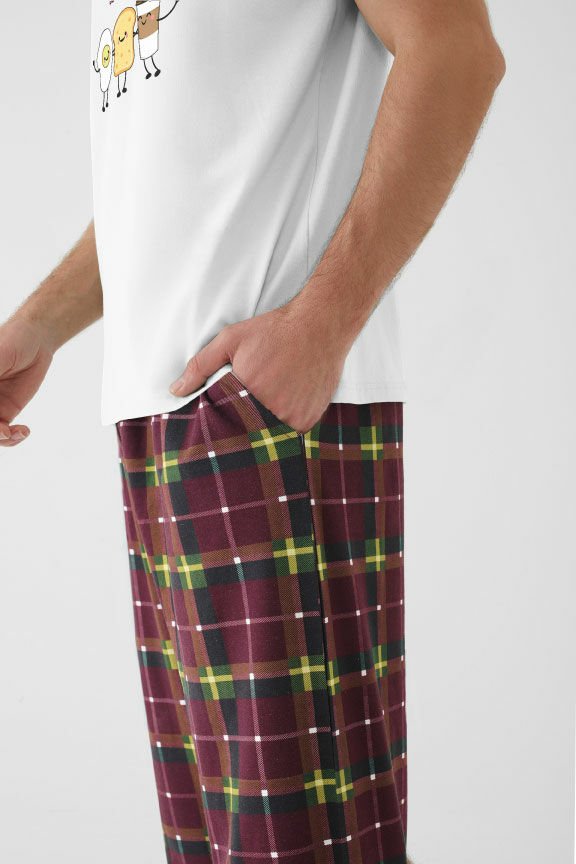 Erkek Kısa Kollu Pamuklu Ekose Desenli Breakfast Baskılı Pijama Takımı 2XL - Bordo - Ekru - Sarı
