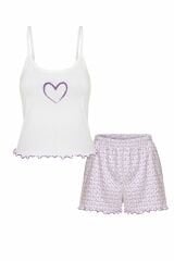 Kadın Pamuklu Baby Overloklu İp Askılı Şortlu Pijama Takımı KO7200Ş-4 Mor Kalpli - L