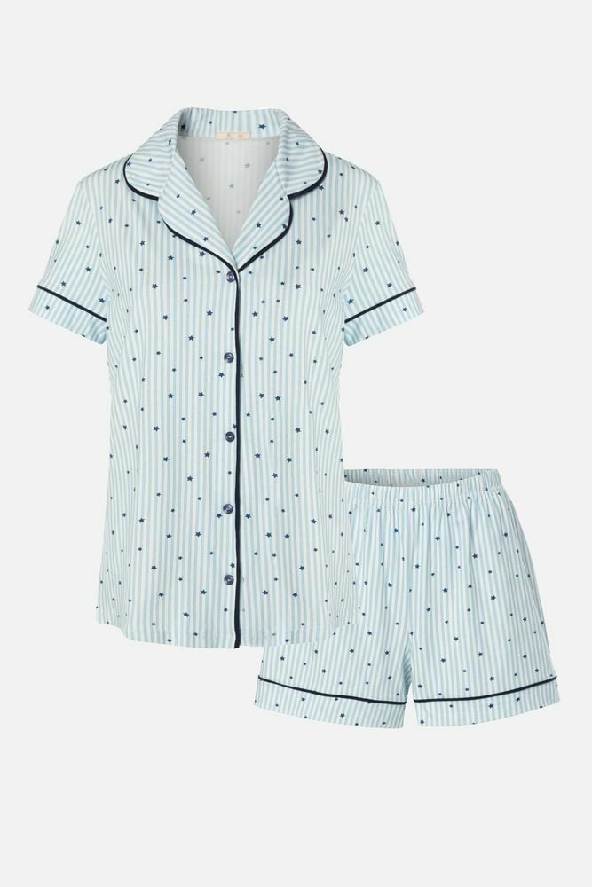 Kadın Gömlek Yaka Kısa Kollu Pamuklu Yıldız Desenli Şortlu Pijama Takımı KO70100 Yıldız Desen - S - S - KO70100 Yıldız Desen