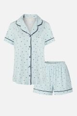 Kadın Gömlek Yaka Kısa Kollu Pamuklu Yıldız Desenli Şortlu Pijama Takımı KO70100 Yıldız Desen - S