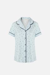 Kadın Gömlek Yaka Kısa Kollu Pamuklu Yıldız Desenli Şortlu Pijama Takımı KO70100 Yıldız Desen - S - S - KO70100 Yıldız Desen