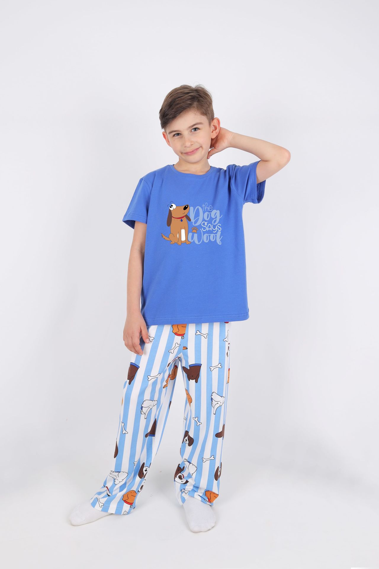 Erkek Çocuk Kısa Kollu Pamuklu Hayvan Desenli Pijama Takımı 7-8 Yaş - Mavi - Beyaz