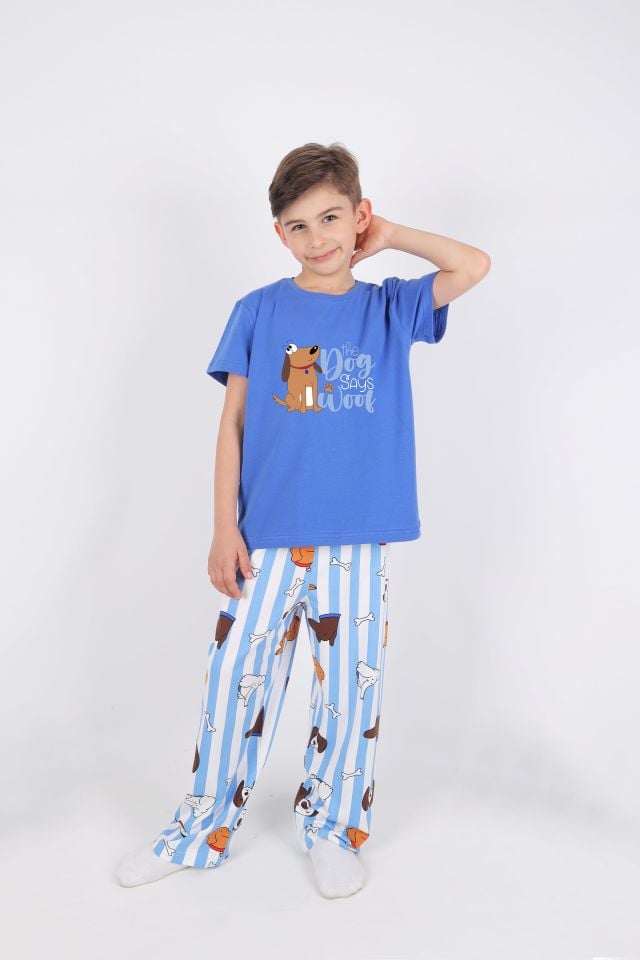 Erkek Çocuk Kısa Kollu Pamuklu Hayvan Desenli Pijama Takımı 7-8 Yaş - Mavi - Beyaz