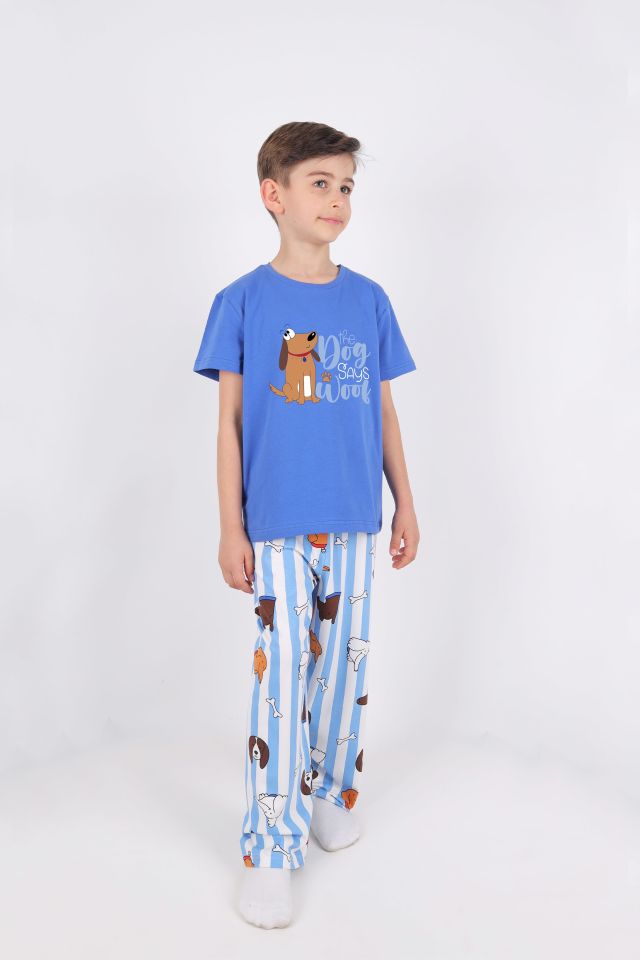 Erkek Çocuk Kısa Kollu Pamuklu Hayvan Desenli Pijama Takımı 7-8 Yaş - Mavi - Beyaz