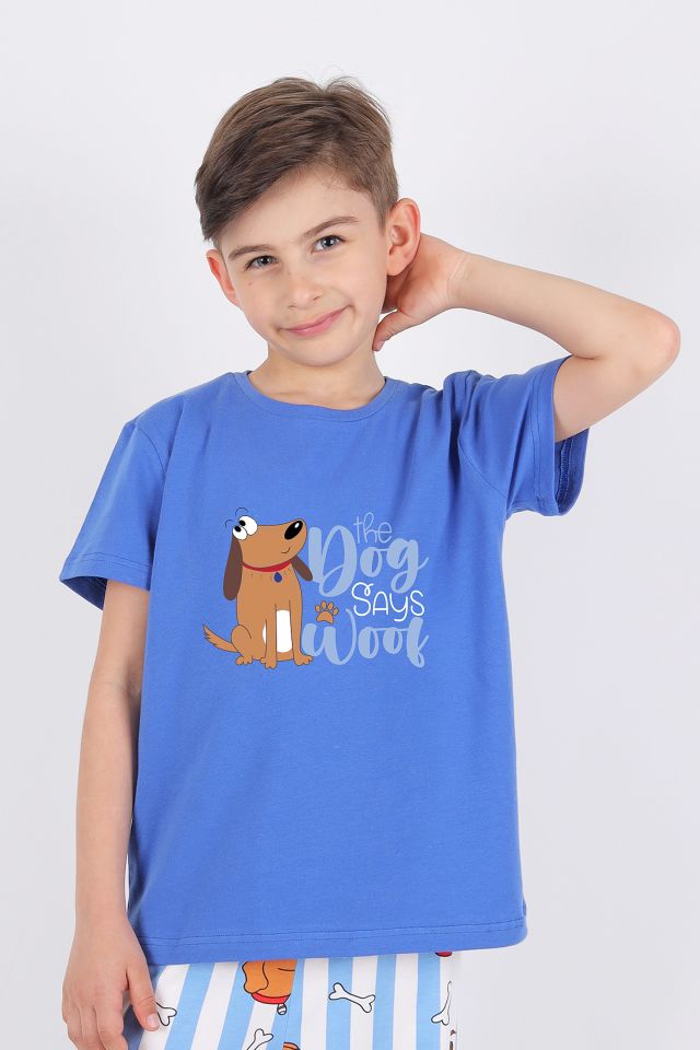 Erkek Çocuk Kısa Kollu Pamuklu Hayvan Desenli Pijama Takımı 7-8 Yaş - Mavi - Beyaz