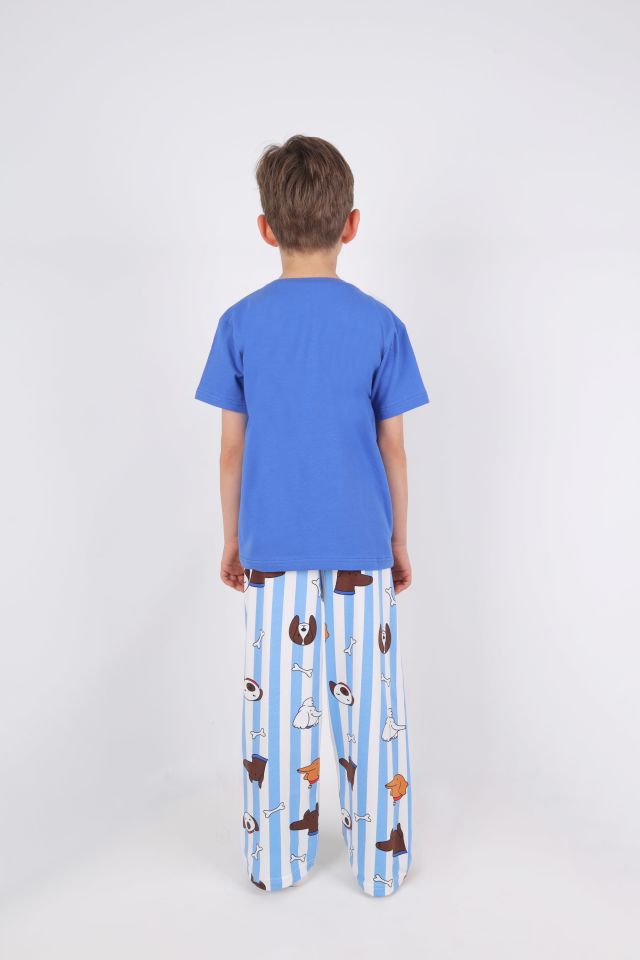 Erkek Çocuk Kısa Kollu Pamuklu Hayvan Desenli Pijama Takımı 7-8 Yaş - Mavi - Beyaz