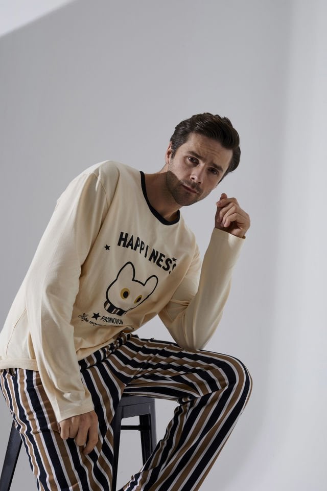 Erkek Pamuklu Uzun Kollu Üst Baskılı Alt Çizgili Cep Detaylı Pijama Takımı XL - Siyah - Kahverengi